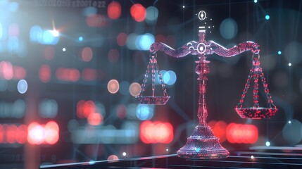 A digital illustration of the scales of justice, with one side 