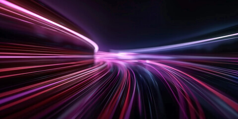 A minimalistic background with blurred light trails in purple and pink, speed motion. Pink and purple neon light trails in motion creating a dynamic and futuristic visual experience