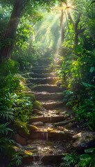 "Tranquil Stone Staircase Amidst Lush Forest Vegetation with Dappled Sunlight"