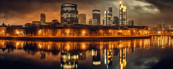a city skyline with a river and a bridge at night