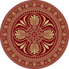 Vector gold with red classic Greek round ornament. Circle of Ancient Greece and the Roman Empire. Byzantine painting of walls, floors and ceilings. Decoration of European palaces