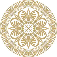 Vector golden classic Greek round ornament. Circle of Ancient Greece and the Roman Empire. Byzantine painting of walls, floors and ceilings. Decoration of European palaces