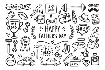 Happy Father's day doodle hand drawn elements. Fathers day comic family collection. Icons father set 