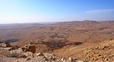Makhtesh Ramon is a geological feature of the Israeli Negev Desert. Situated approximately 85 km south of the city of Beersheba, this landform represents the world's largest erosion circus. The format