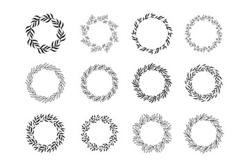 Set of hand drawn round spring wreaths isolated. Collection doodle floral frames. Silhouette circle of leaves.