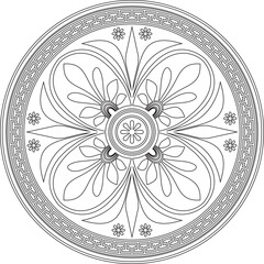 Vector black monochrome classic Greek round outline ornament. Circle of Ancient Greece and the Roman Empire. Byzantine painting of walls, floors and ceilings. Decoration of European palaces