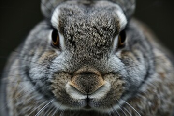 Macro shot capturing the detailed texture and intense gaze of a rabbit's features