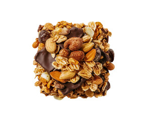 Healthy granola cereal bars with oats, nuts, and chocolate of stacked almond granola bars with loose almonds on transparent background Ai generative.