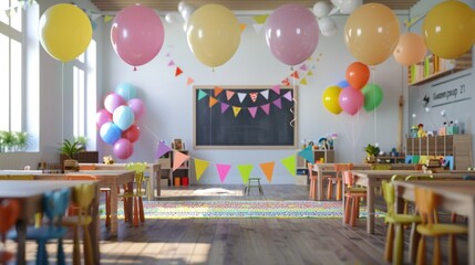 Joyful Classroom Decoration for International Children's Day. Balloons, Warm and Happy Atmosphere. Activity Background Template. Teacher's Day Celebration: Classroom Template. Parent-Teacher Meeting. 
