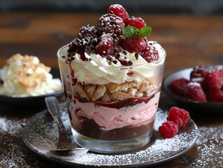 Delicious dessert with raspberries, whipped cream, chocolate and meringue.