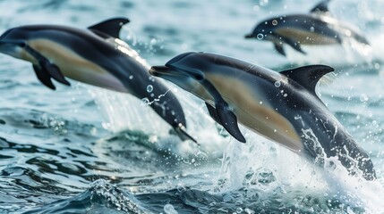 Obraz premium A lively pod of dolphins dances through the waves, leaving enchanting trails of bubbles in their wake.