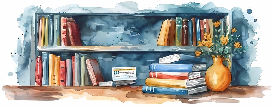Picture a flat design of a school library card and a stack of borrowed books