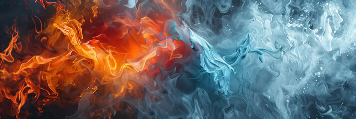 Blue and red flames colliding with particles in motion creating a dramatic and intense visual effect.banner
