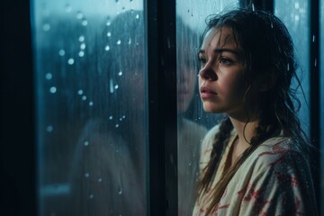 teenage girl looking through wet window