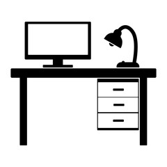 Desktop or workplace vector icon. Table with computer and lamp