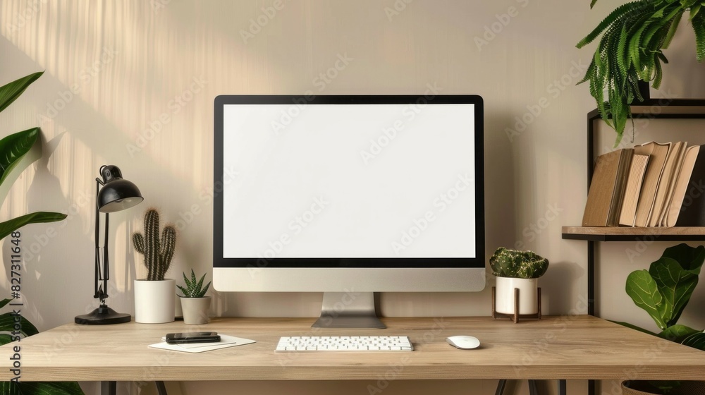 Poster a computer monitor sits on a wooden desk in front of a plant