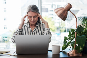 Business woman, headache and stress on computer for deadline, mistake or error of human resource...