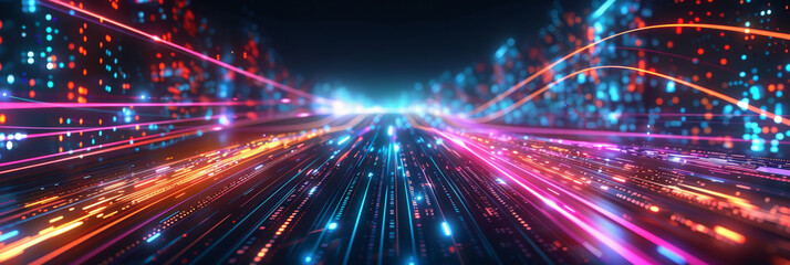 Naklejka premium Futuristic data stream with vibrant blue and red light trails in a digital matrix environment. Vivid light trails in a digital cyber grid with glowing blue and red hues creating a dynamic visual effe 