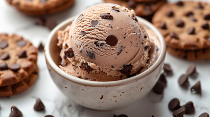 Wide banner photo of delicious scoop of brown color chocolate chip cookie dough ice cream sorbet on a icecream cup with raw chocolate chips and cookies around in white background 