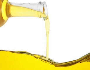 Pouring cooking oil from jug on white background, closeup