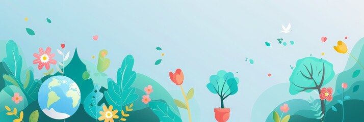 World environment day banner template design with flower, tree and earth in the sky with clouds representing the environmental protection concept. World environmental protection campaign poster