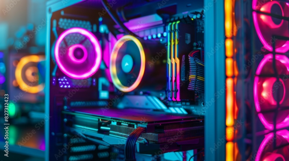 Poster A computer case with neon colored fans and a neon colored keyboard