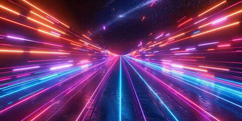 Obraz premium Futuristic data stream with vibrant blue and red light trails in a digital matrix environment. Vivid light trails in a digital cyber grid with glowing blue and red hues creating a dynamic visual effe 