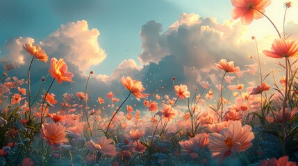 spring morning with the sky in soft fluffy hues of peach and light blue, illuminatingfield of flowers