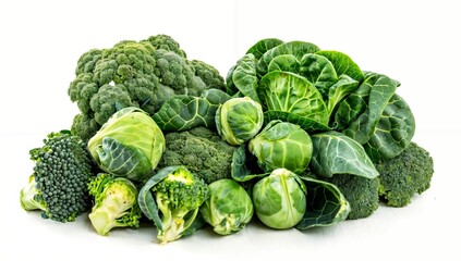 Fototapeta premium Freshly Arranged Cruciferous Vegetables Including Broccoli and Brussels Sprouts on White Background with Copy Space for Text