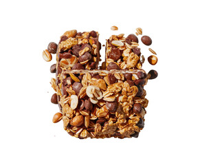 Obraz premium Healthy granola cereal bars with oats, nuts, and chocolate of stacked almond granola bars with loose almonds on transparent background Ai generative.