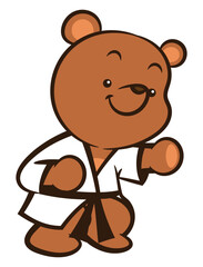 Funny Brown Bear cartoon characters wearing karate uniform with black belt and showing it's punch movement. Best for sticker, logo, and mascot with martial arts themes for kids