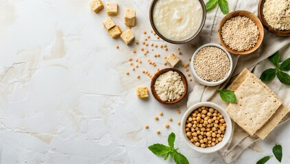 Fototapeta premium Tableau of Fermented Soy Products - Miso and Tempeh for Probiotics on White Background with Copy Space