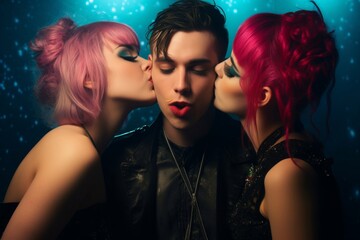 two young women kissing man