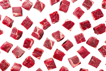 Raw beef meat cubes scattered across a white surface, like dice on a game board, isolated on white background
