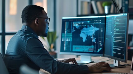 Professional Analyzing Financial Data on Multiple Computer Screens