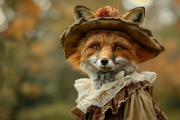 A whimsical fox character dressed in historical costume among fall foliage