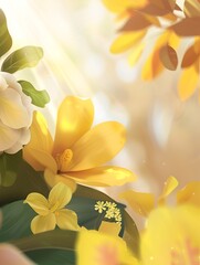 Yellow flowers with green leaves and sunlight background illustration