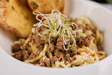 Bread and pasta in a bowl, Italian cuisine concept