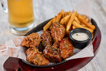 Spicy chicken wings and crispy fries on a tray with a beer in the background
