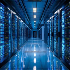 Fototapeta premium A long, blue-lit hallway with rows of server racks on either side. The floor is made of reflective material, and the ceiling is lined with bright lights.