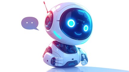 A delightful chatbot character complete with a speech bubble stands out against a white background This 2d design features a charming robot assistant chatty and helpful ideal for a logo or 