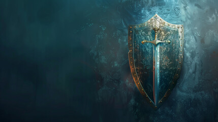Fototapeta premium fantasy knight shield with sword isolated on dark grunge background with copy space for text, Medieval period concept