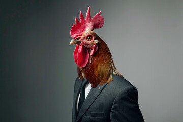 Creative and quirky portrait of a businessman with a rooster head against a grey background - Powered by Adobe