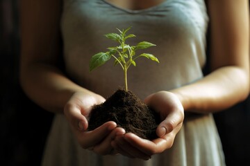 woman holding seedling, close up, side view, mid section - Powered by Adobe