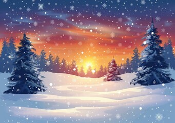 Obraz premium Winter Sunset Landscape With Pine Trees And Snow