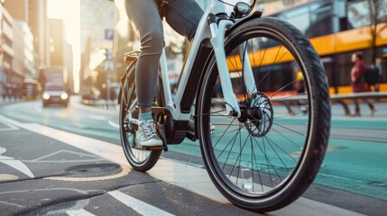 Electric Bicycles Focus on a person riding an electric bicycle in a city with a bike lane background, empty space right for text
