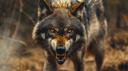 furious wolf growling and looking at camera in forest © AiDesign
