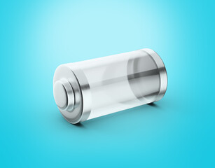 Transparent Shiny Empty Glass Battery Cell With Gray Metal Caps On Cyan Background 3d Illustration