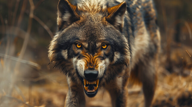 furious wolf growling and looking at camera in forest