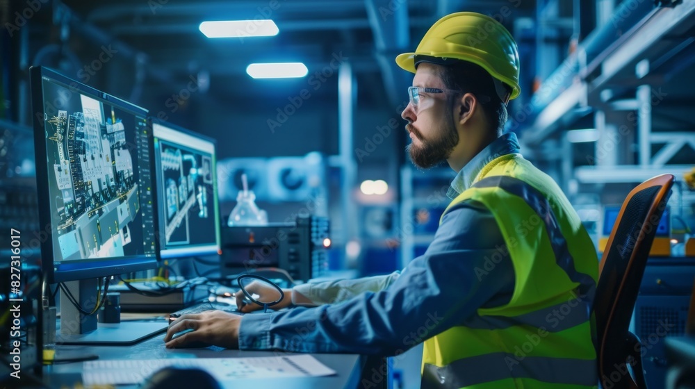 Aufkleber a man in a yellow safety vest is sitting at a computer with a monitor in front o